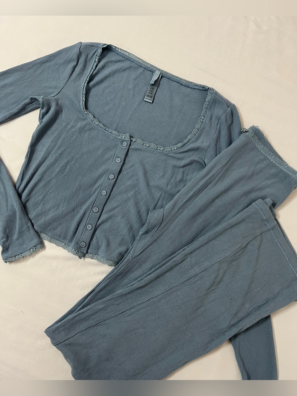 SKIMS Soft Lounge Ribbed Blue Scoop Long Sleeve Crop Top + Flare Pants Set